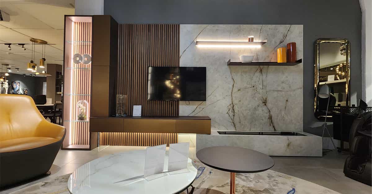 Luxury bedroom with modern bed and designer furniture at FCI London showroom