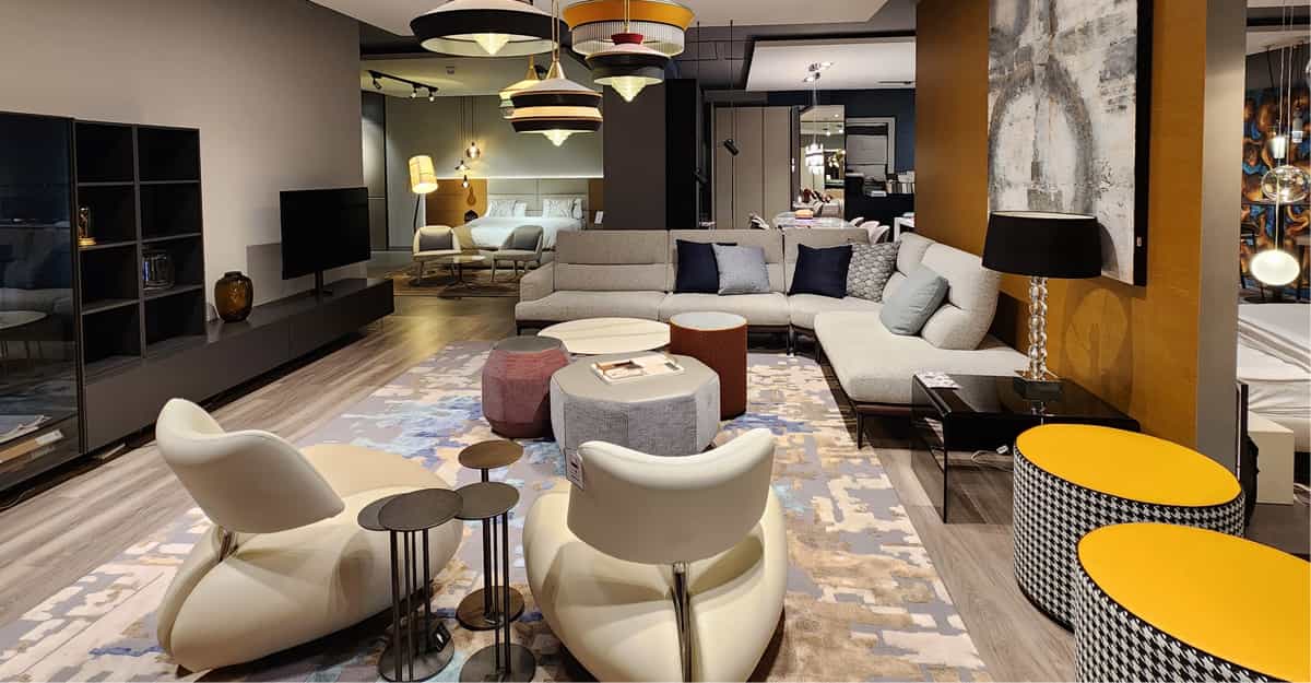 Luxury living room with modern furniture and decor elements in FCI London showroom