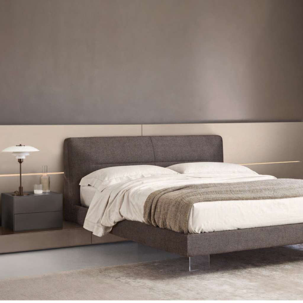 Upholstered fabric bed with bedisde table