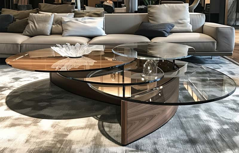 3 glass tops with wooden base coffee table set in a living room