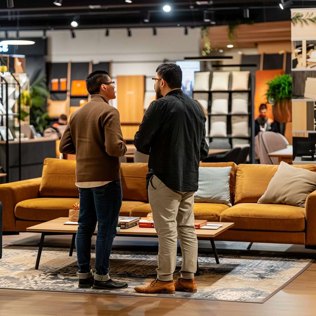 Two people discussing which coffee tables to choose in a showroom