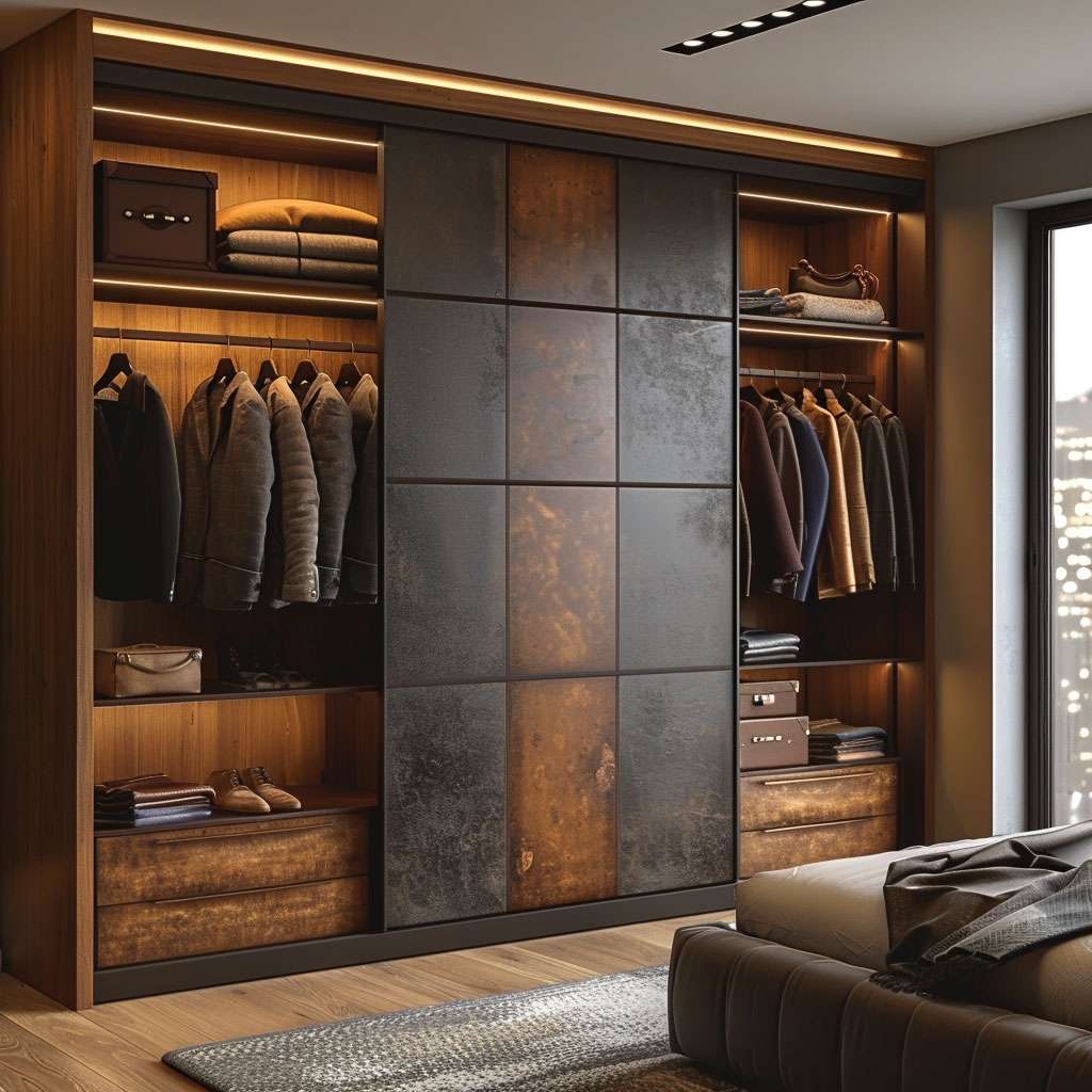 Open stylish luxury wardrobes with internal lighting in a bedroom 