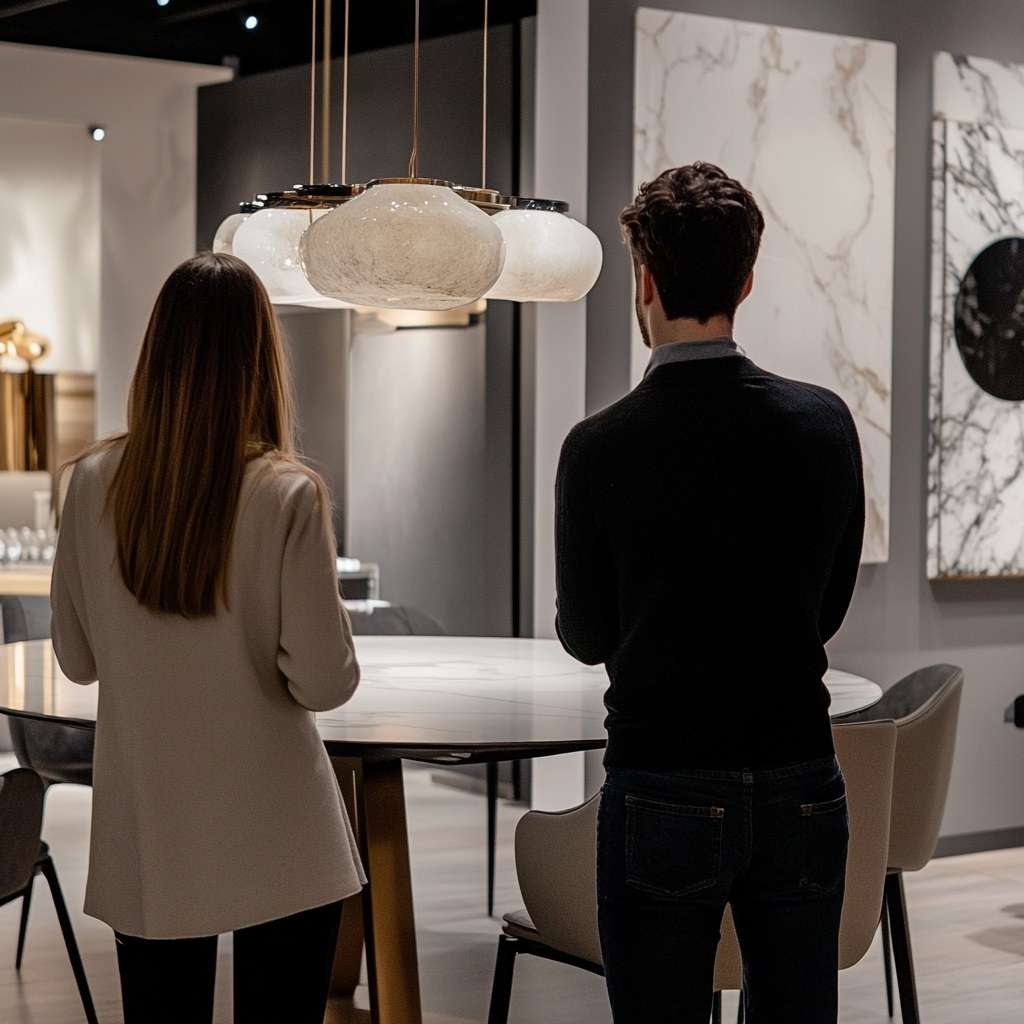 A couple exploring the variety of furniture in the showroom