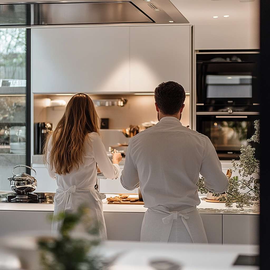 2 chefs waering white aprons using a fully automatic cooktop facing off the camera