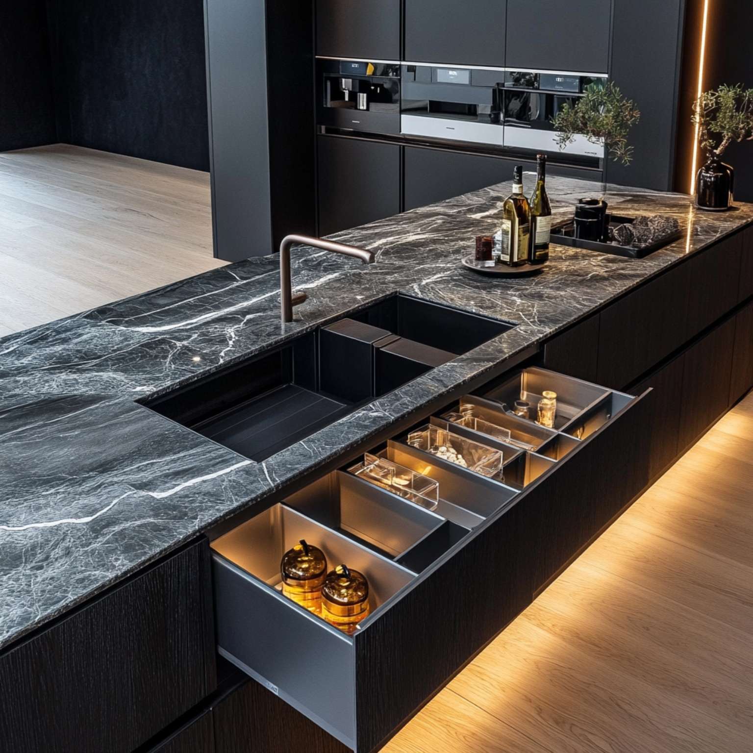 Ceramic finish sink and countertop with drawers and base lighting