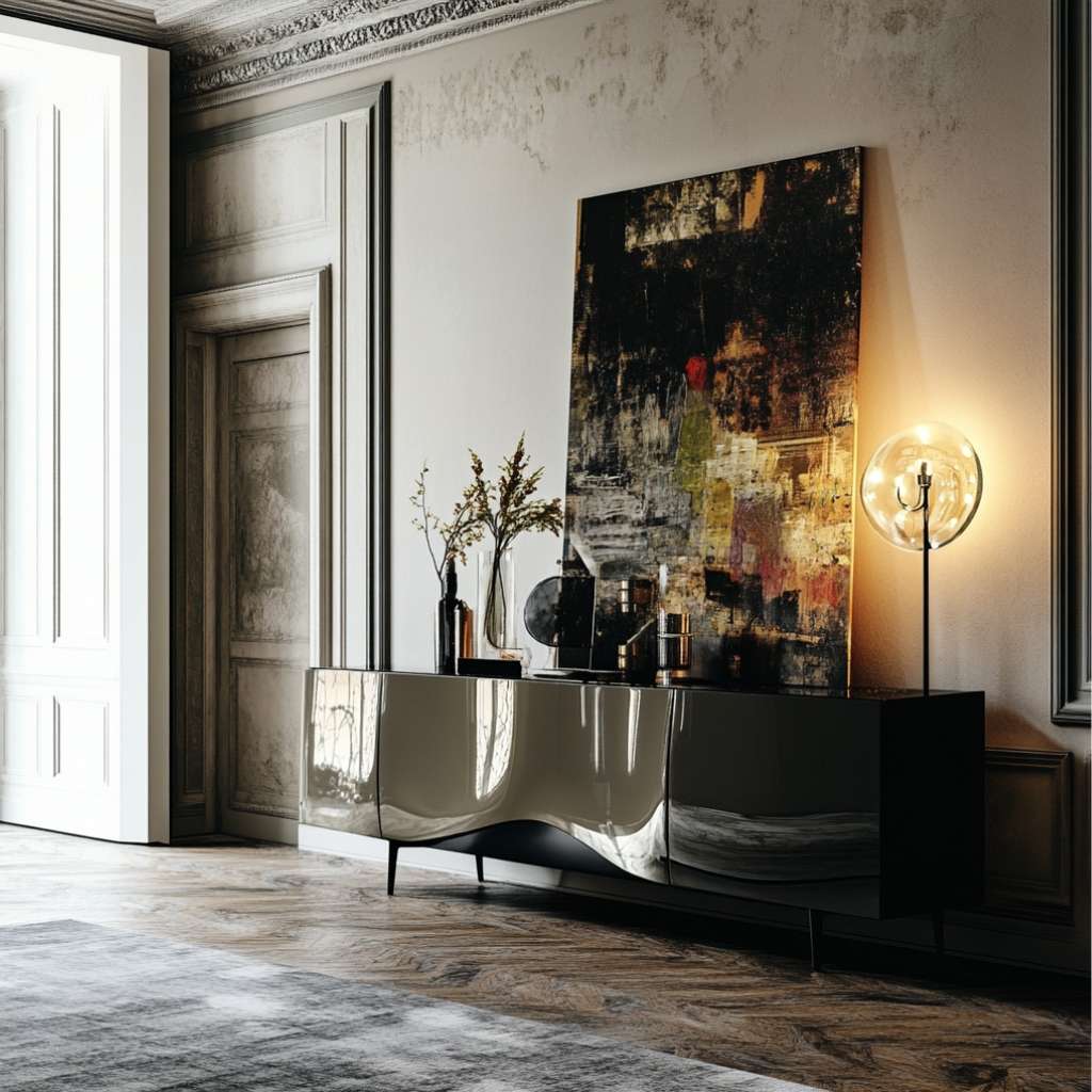 Glossy black and cream sideboard with artwork and stylish decor displayed on top.