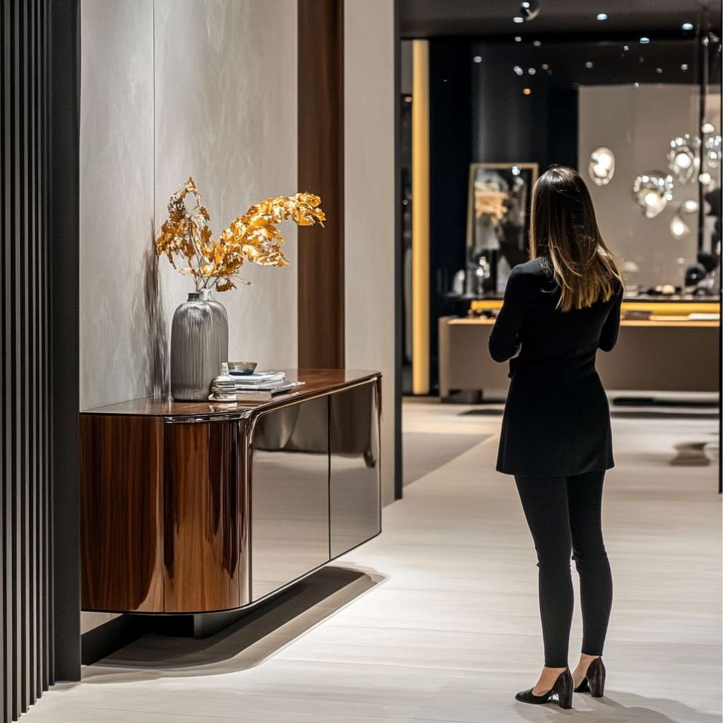 A woman admiring the design of a glossy brown sideboard with a decorative vase on it.