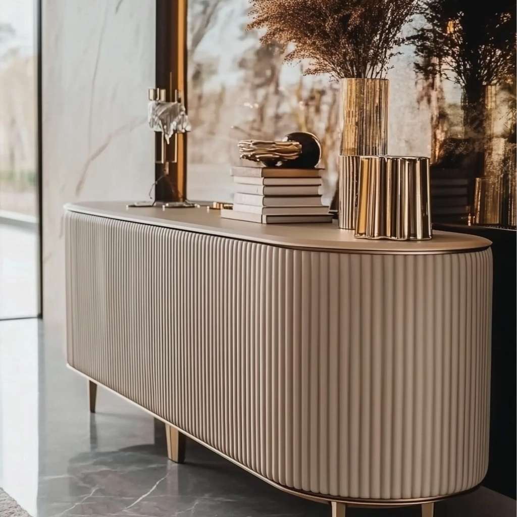 Luxurious beige compact sideboard with stylish artwork and books on top for a refined look.