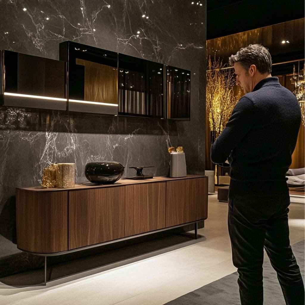 A man admiring a stylish wooden sideboard with contemporary artwork placed on top.