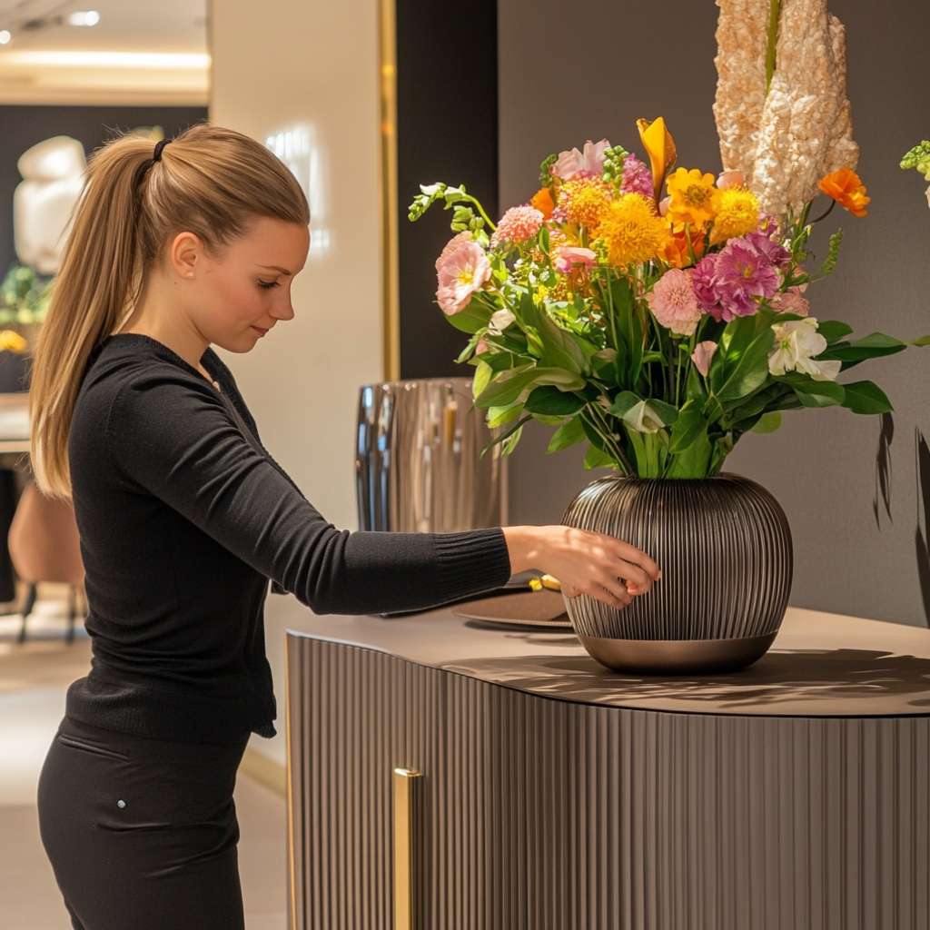 A woman enhancing a modern beige-colored sideboard by placing a flower vase on top.