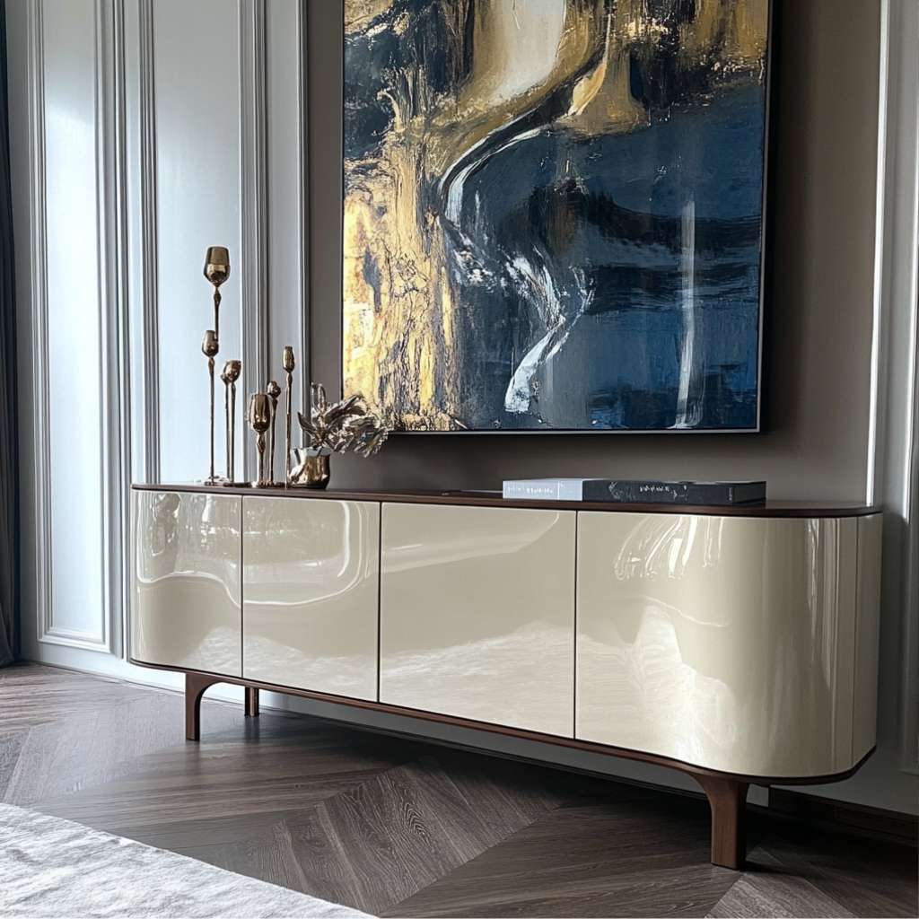 Stylish gloss cream and brown sideboard placed beneath a beautiful painting, with antique decor displayed on top.