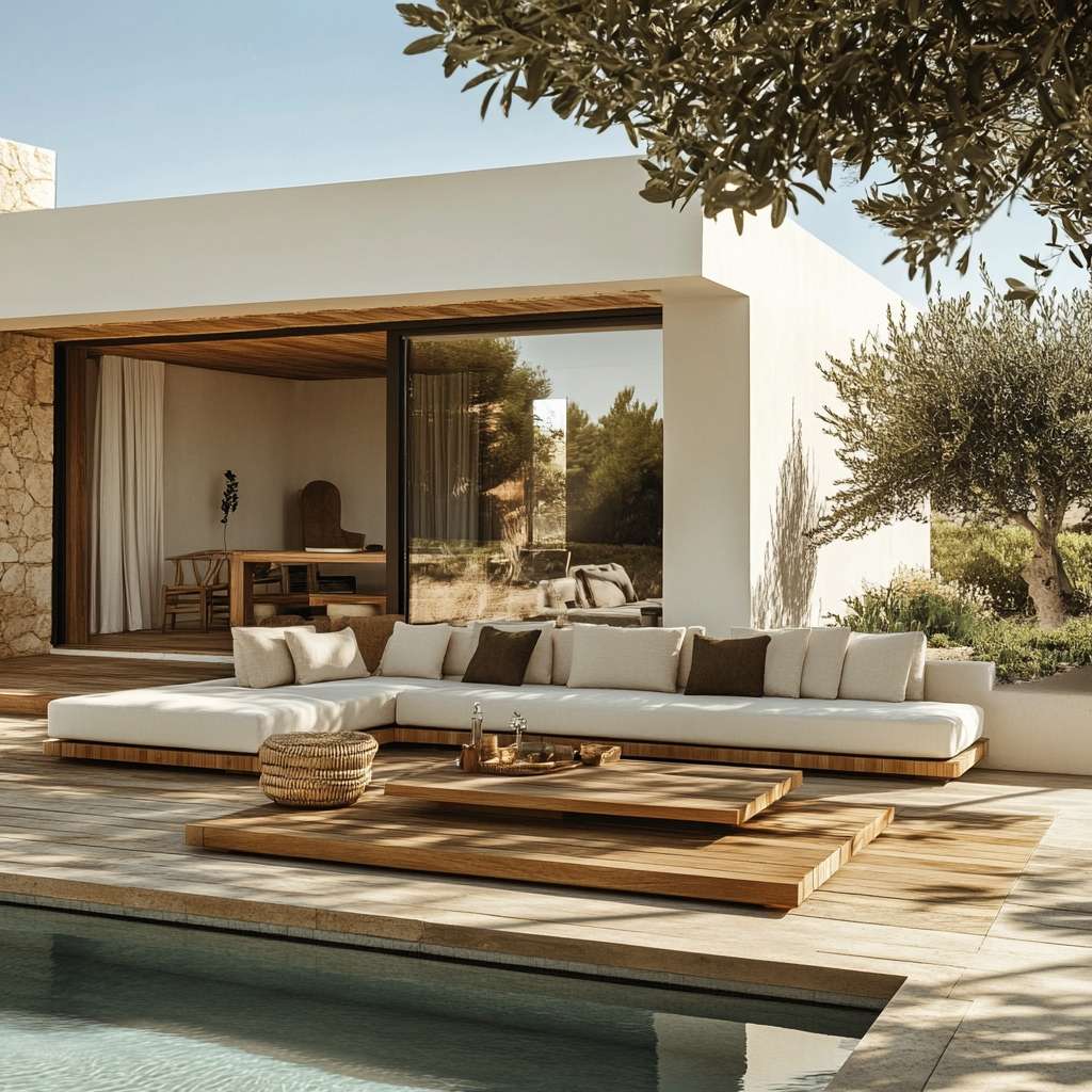 A stunning white teak wood-framed garden sofa complemented by a large wooden coffee table, set beside the pool for a luxurious outdoor look.