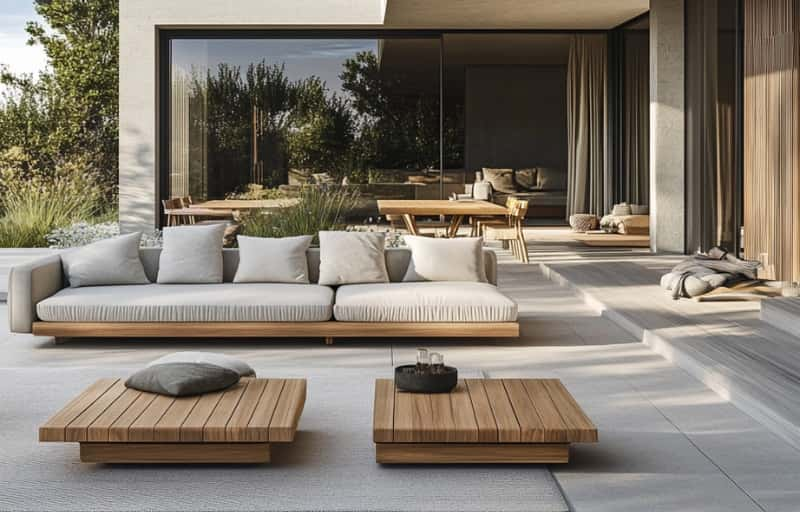 Luxury white Italian garden sofa paired with wooden coffee tables, set in a large outdoor space.