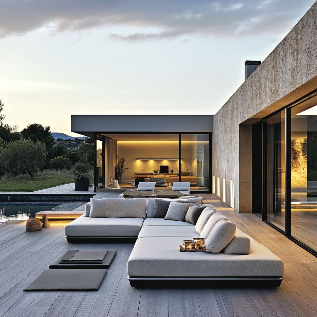 A modern L-shaped white fabric sofa beside the pool, perfectly blending with the warm evening light.