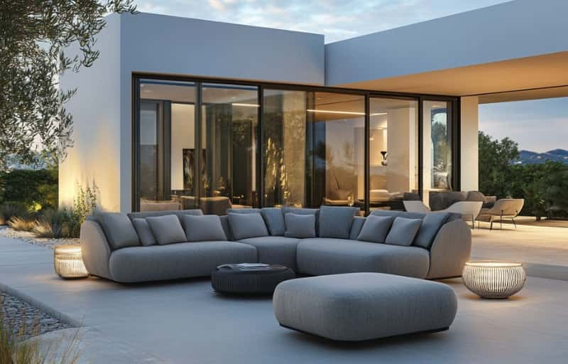 A cosy grey colored garden upholstered sofa with an elegant coffee table offering a calming and inviting outdoor look.