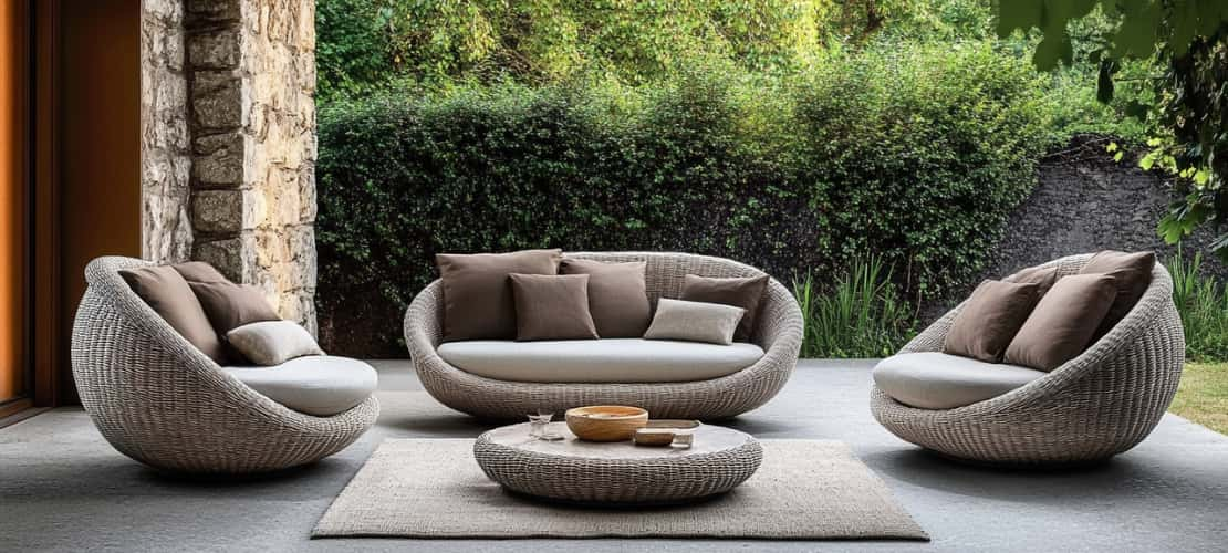 A modern rattan garden sofa with grey cushions complemented with a stylish coffee  table, placed in a serene, green outdoor environment.