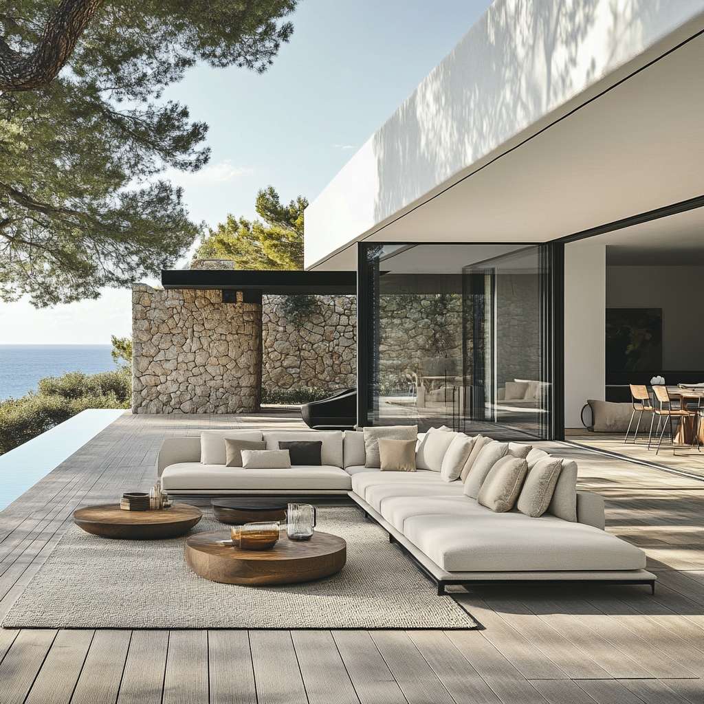 An elegant large L-shaped garden sofa placed in a spacious outdoor setup, overlooking a stunning sea view.