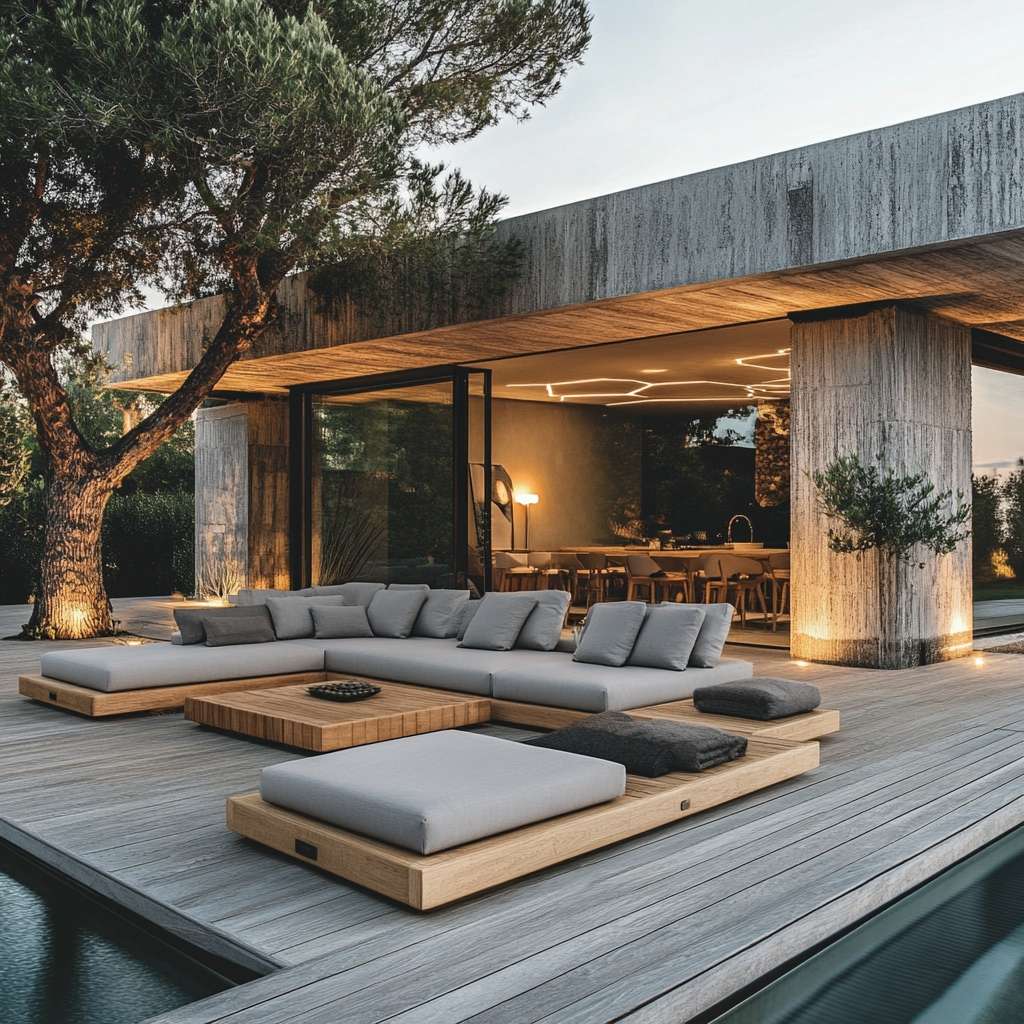 Luxury grey-colored wooden-framed garden sofa paired with a beautiful wooden coffee table, beautifully lit by the fading evening light in a stunning outdoor space.