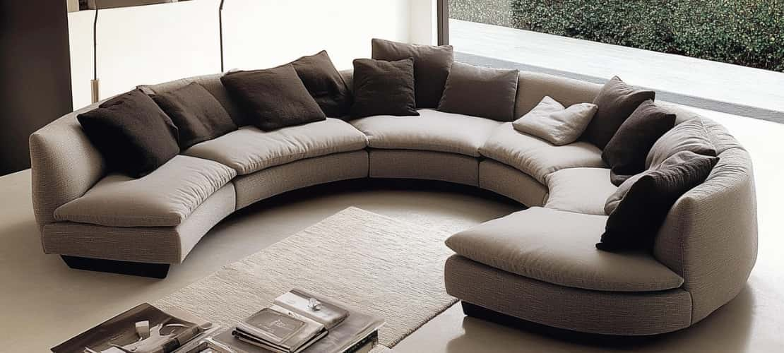 A curved grey modular fabric sofa contrasting with brown fabric cushions, placed in a sophisticated minimalist living room.