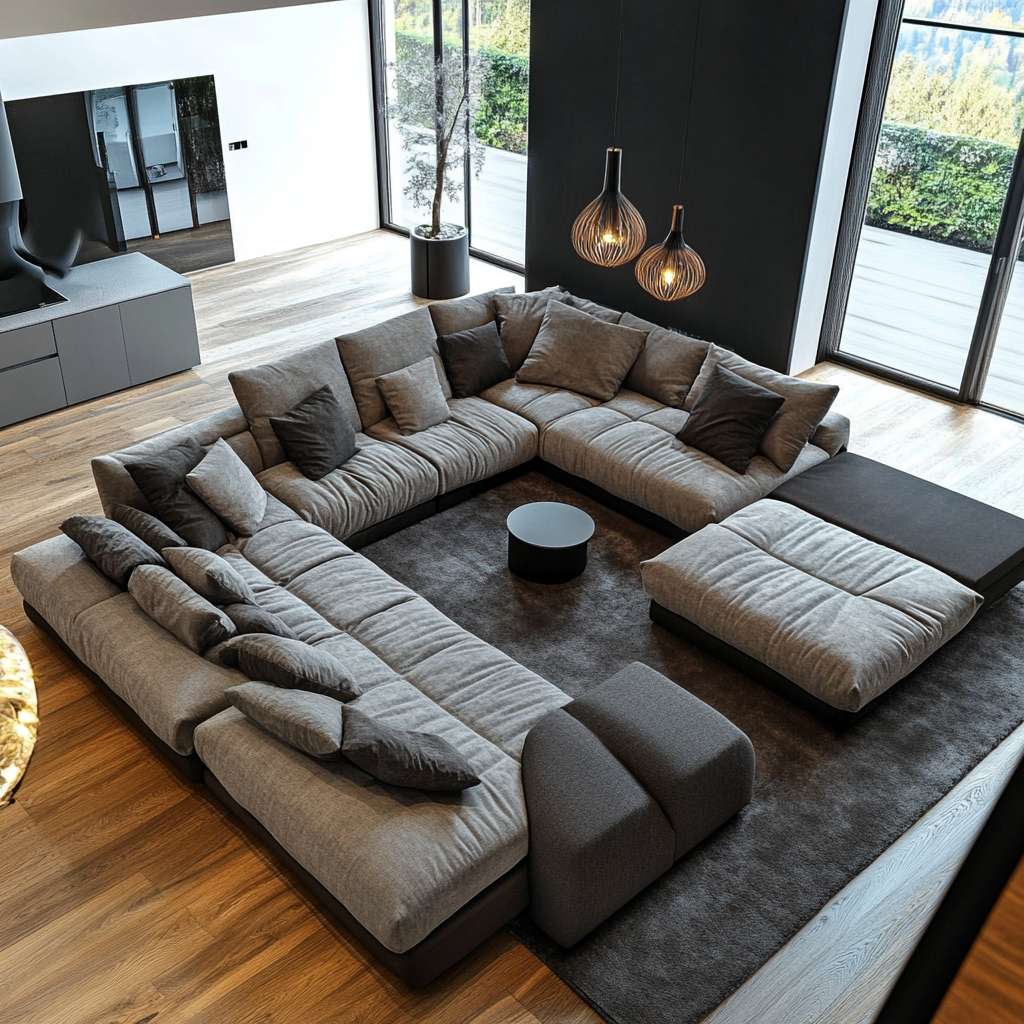 Top view of a stunning modular grey linen fabric sofa contrasting with a beautiful black rug in luxury living room, illuminated by soft pendant lighting