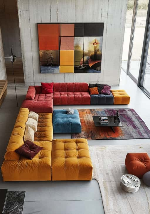 Vibrant yellow, red, and blue modular sofas placed in a showroom living room setup, adding a burst of color to the space.