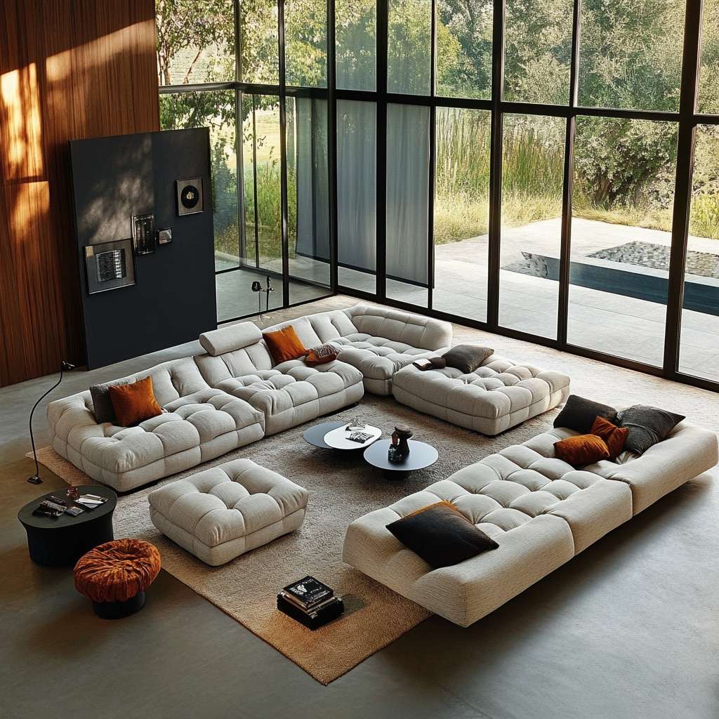 Top view of a luxury living room with a white chesterfield fabric modular sofa, brown and black cushions, adding elegance to the decor.