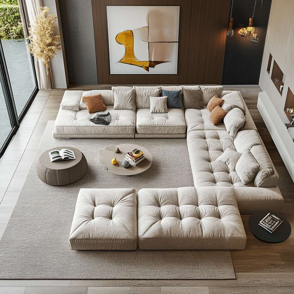 A stunning white Italian sofa with contrasting cushions, enhancing the beauty of a spacious living area.