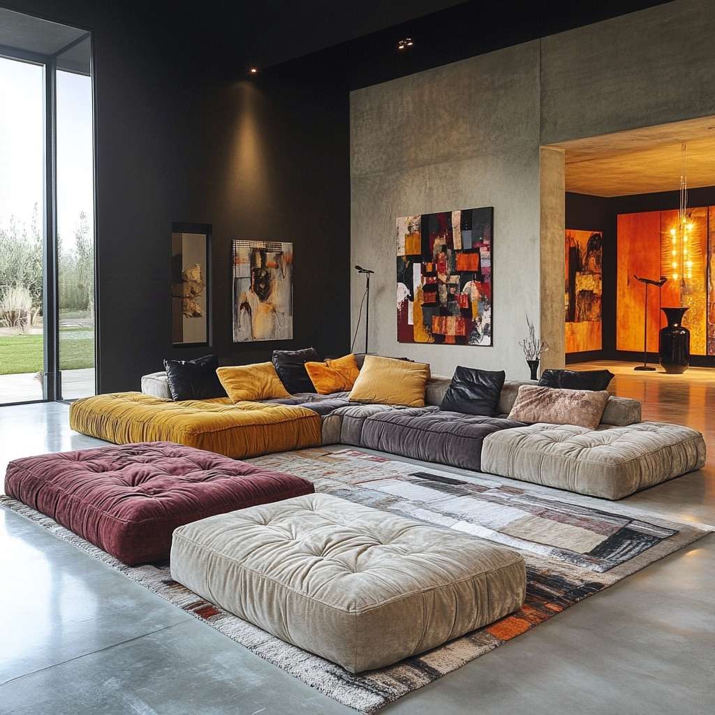 A collection of brightly colored modular sofas placed in a luxurious living area with elegant and vibrant decor