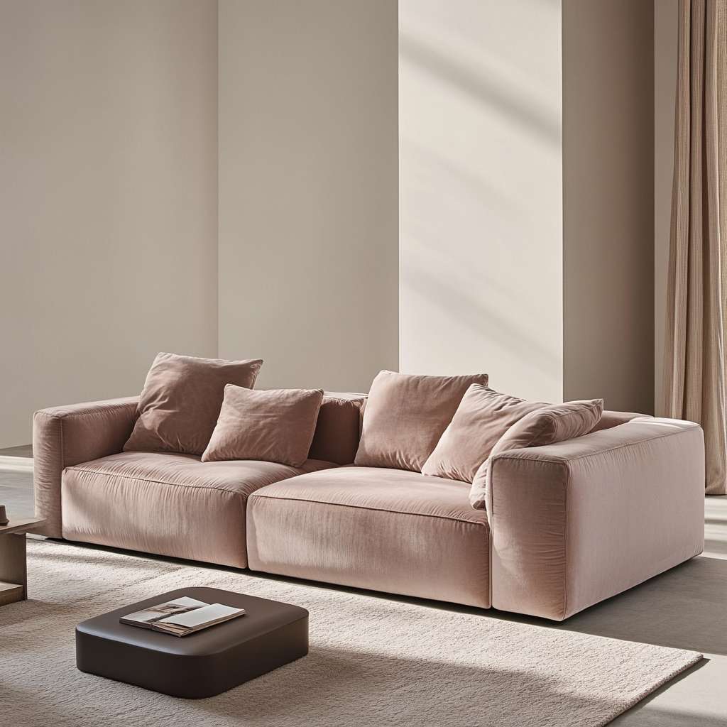 Elegant peach colored velvet sofa placed in a modern living room,offering a cozy vibes with its granular texture.