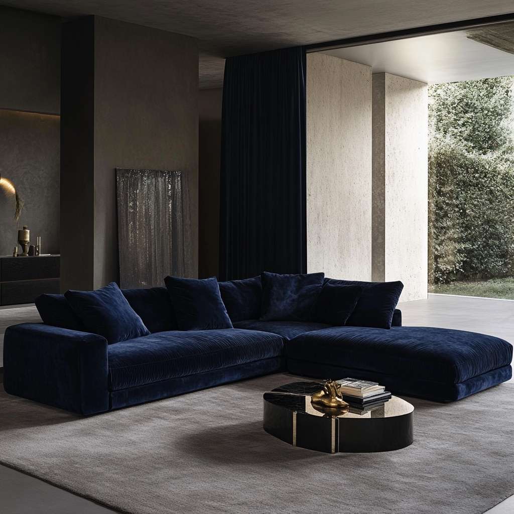 Luxury navy blue L-shaped velvet sofa with a round glossy metallic coffee table in a elegant living area.