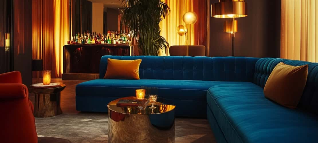 Luxury large classy royal blue L-shaped sofa paired with stunning glossy golden coffee table set in a modern living room with soft lighting that enhances the inviting atmosphere.