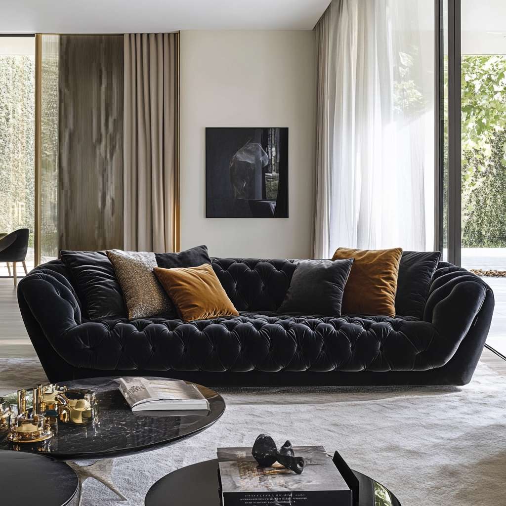 Stunning Black embosed velvet sofa paired with a stylsih coffee table creating a luxurious and contemporary focal point in the living room.