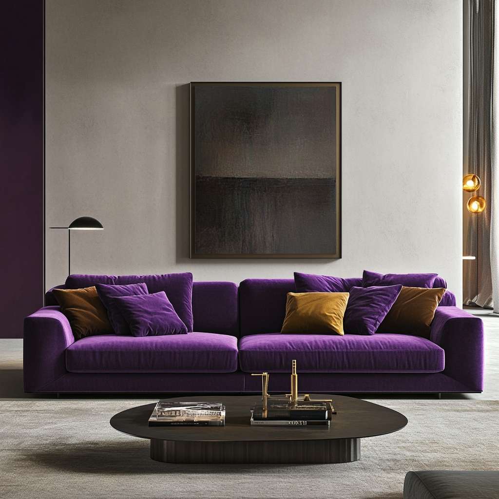 Stunning purple luxury and cozy velvet sofa with a stylish low height coffee table in a modern living room.