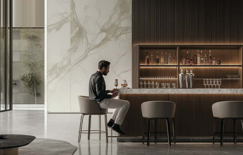 A man relaxing on a grey bar stool, positioned in front of a luxurious bar setup