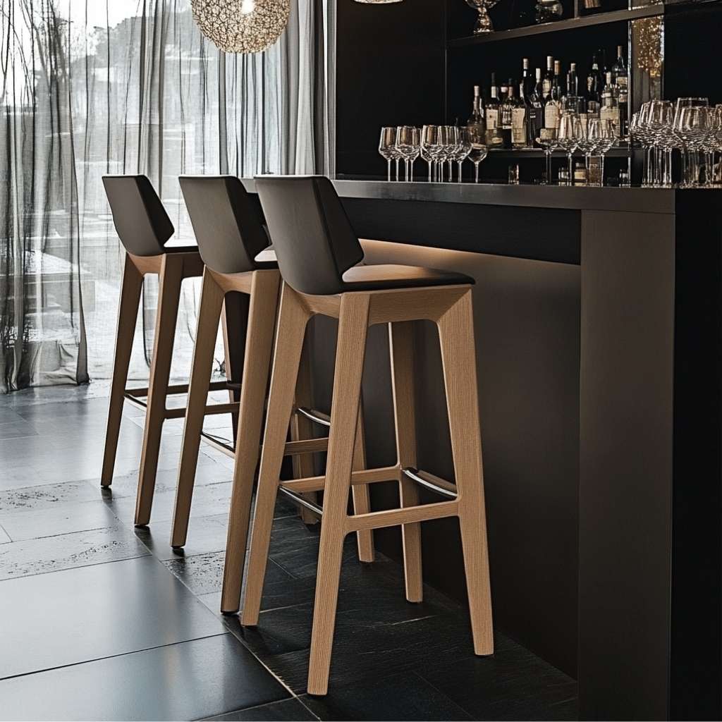 Striking black leather stools with wooden legs are positioned by a black bar counter, creating a bold, modern look.