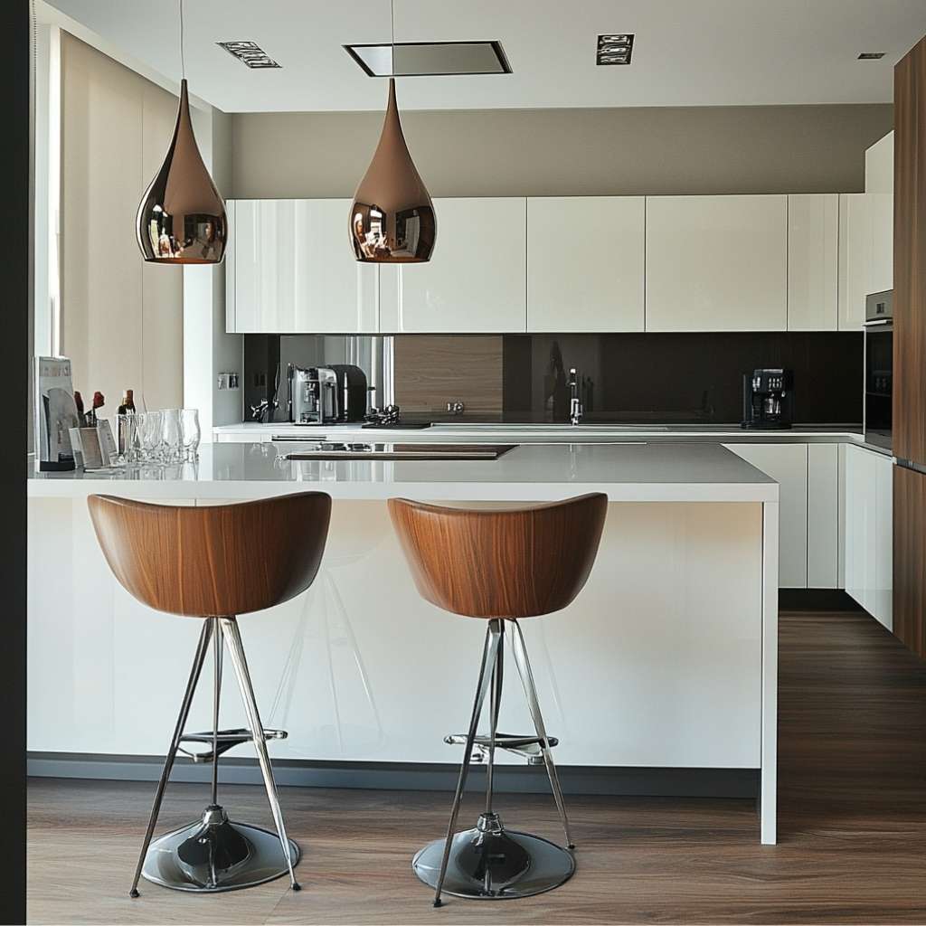 Trendy wooden stools with metal legs placed under stylish pendant lights, enhancing the luxurious kitchen design.