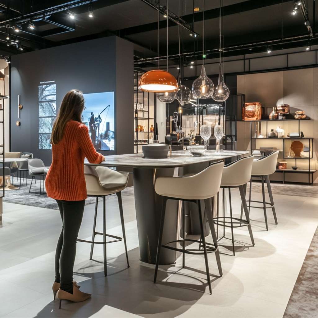 A woman is viewing the leather-upholstered stools placed around a tall marble table in a modern, elegant room.