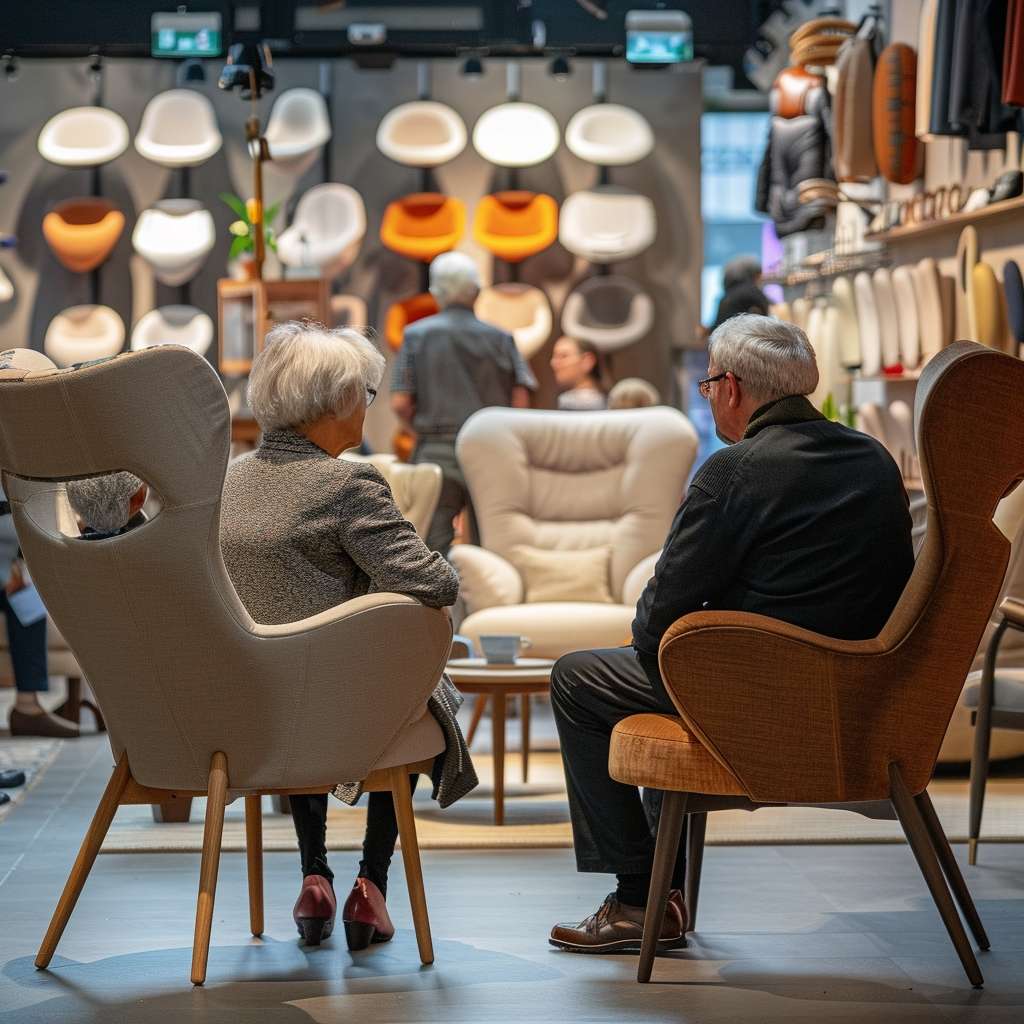 A couple looking towards the showroom to choose the best chairs for them