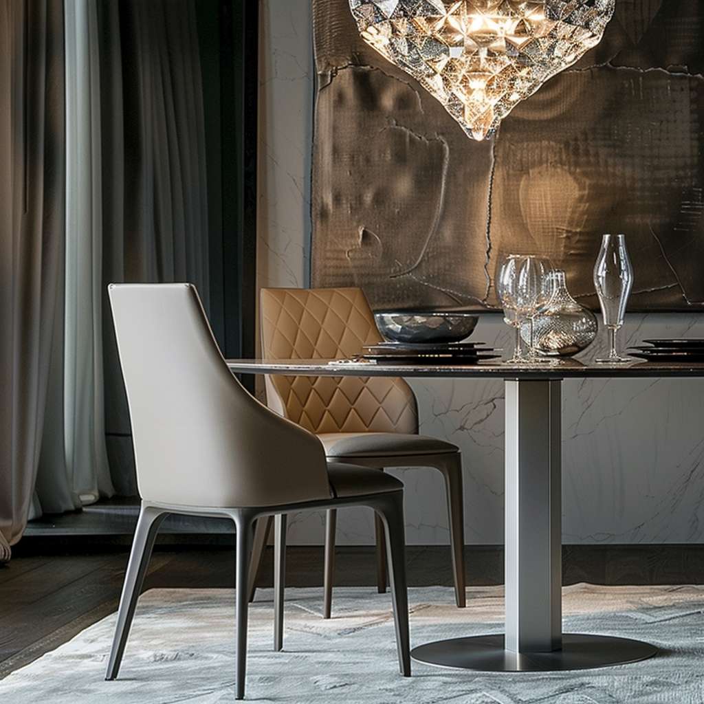 Luxury Leather dining chairs under a ceiling lamp 