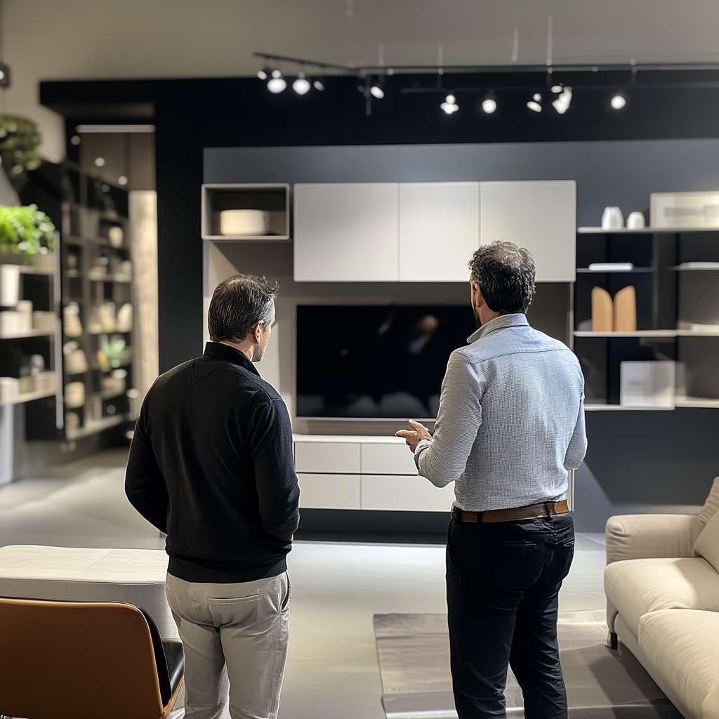 2 men discussing the design of the luxury TV unit of the room