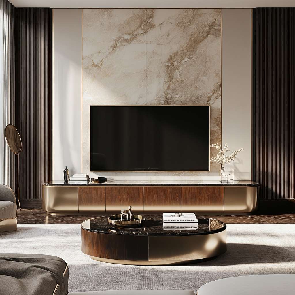 White luxury TV Unit with a round coffee table