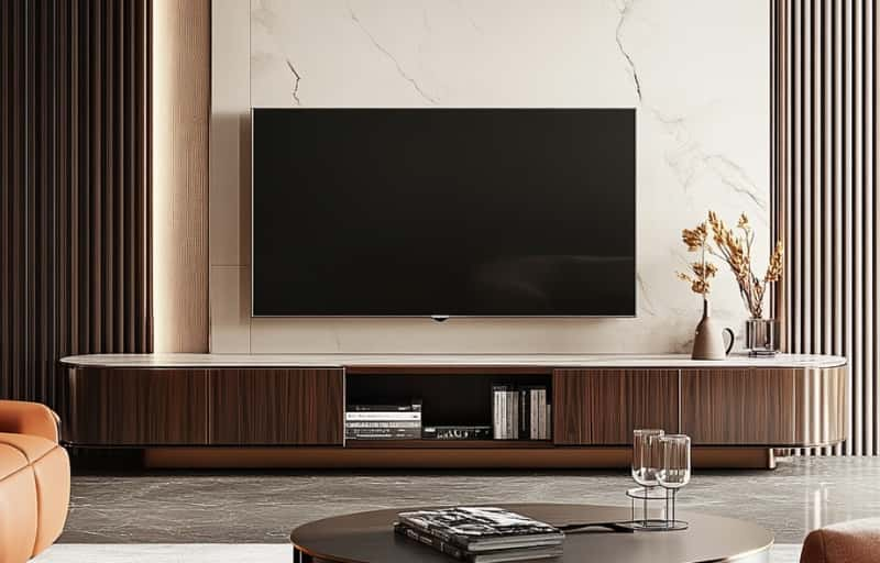 Stylish TV Wall Stands in a large bedroom in warm color walls