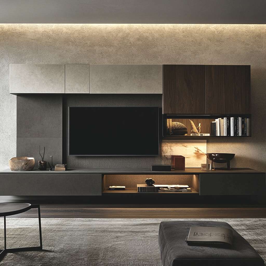 Stylish grey and brown wooden built in tv units