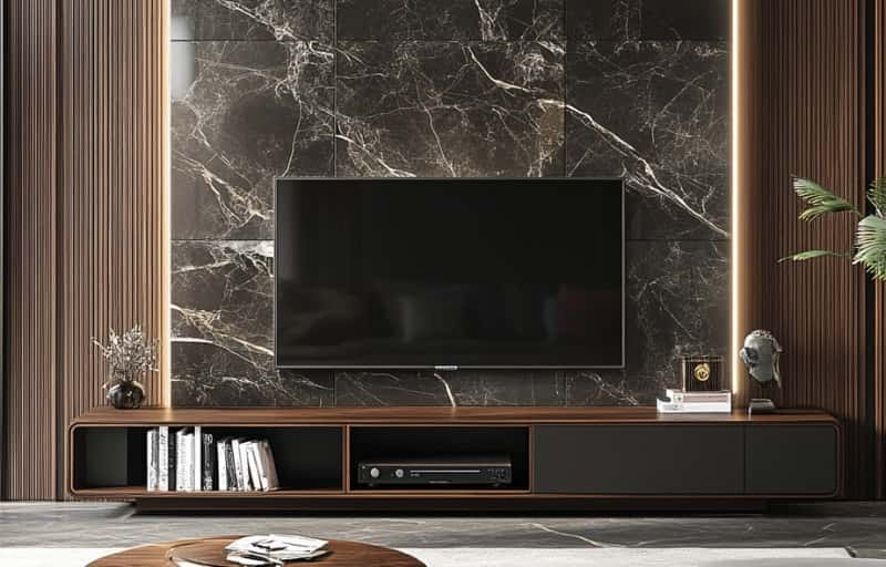 Wall mounted marble background wood TV Cabinet with lighting