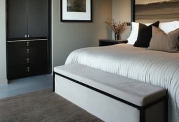 White upholstered beds with upholstered benches