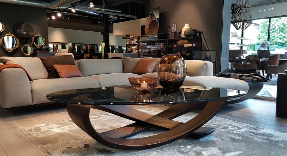 Stylish black glass finished table top with brown lacquered finish 