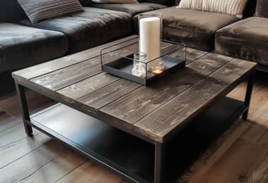 Wooden top stylish coffee table with a candle placed on top