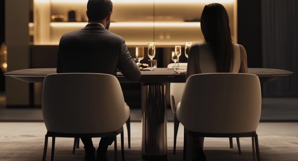 A couple seated on a large oval shaped dining table