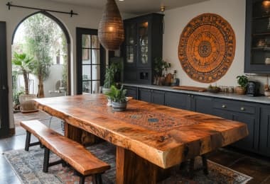 Boho style stained oak top dining tabkle set in a room