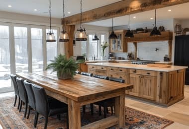 Large dining table in farmhouse style in Oak finish with chairs in the kitchen